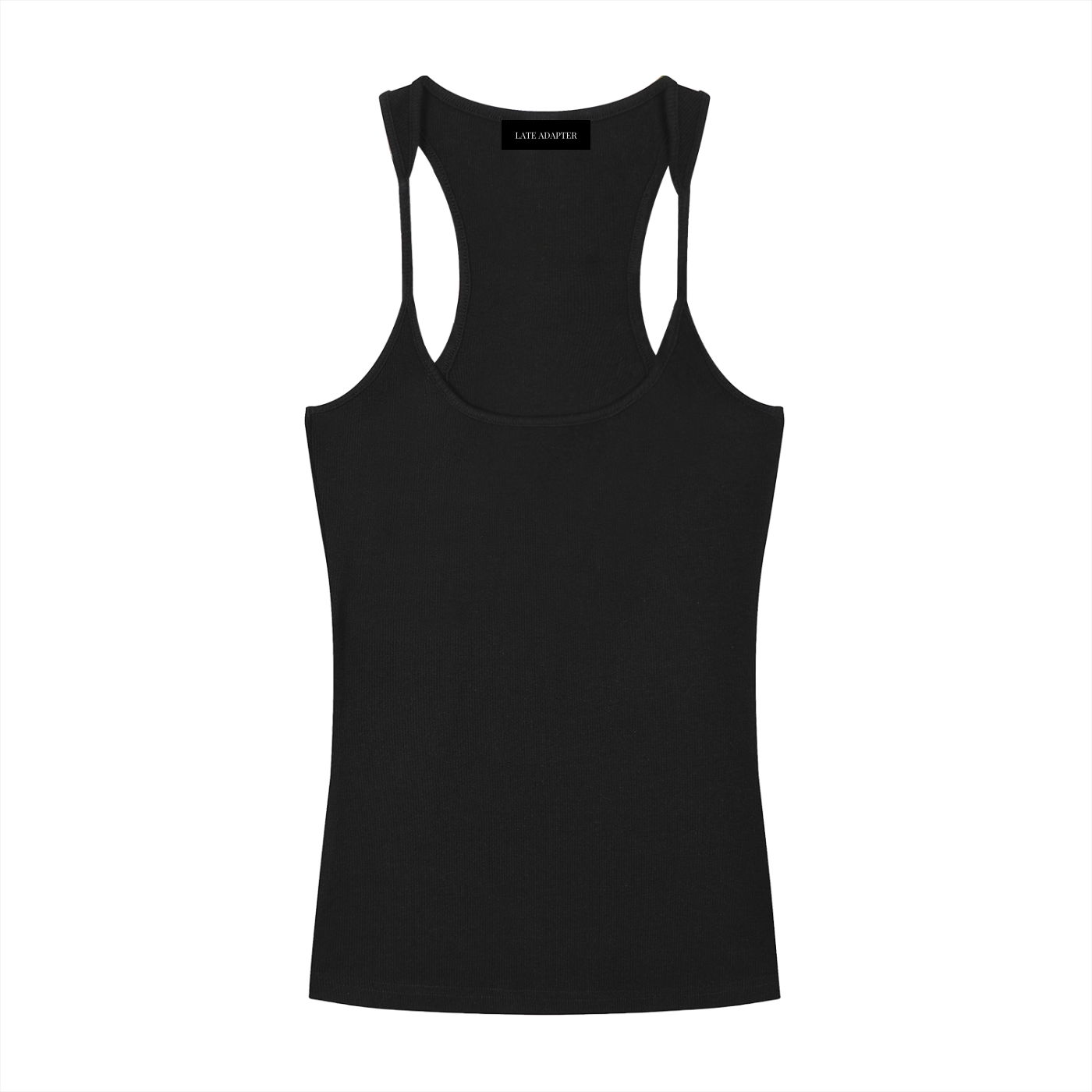 ODMPOD slim fit ribbed racerback tank top, close-up of black sleeveless top with textured ribbed fabric and fitted style.