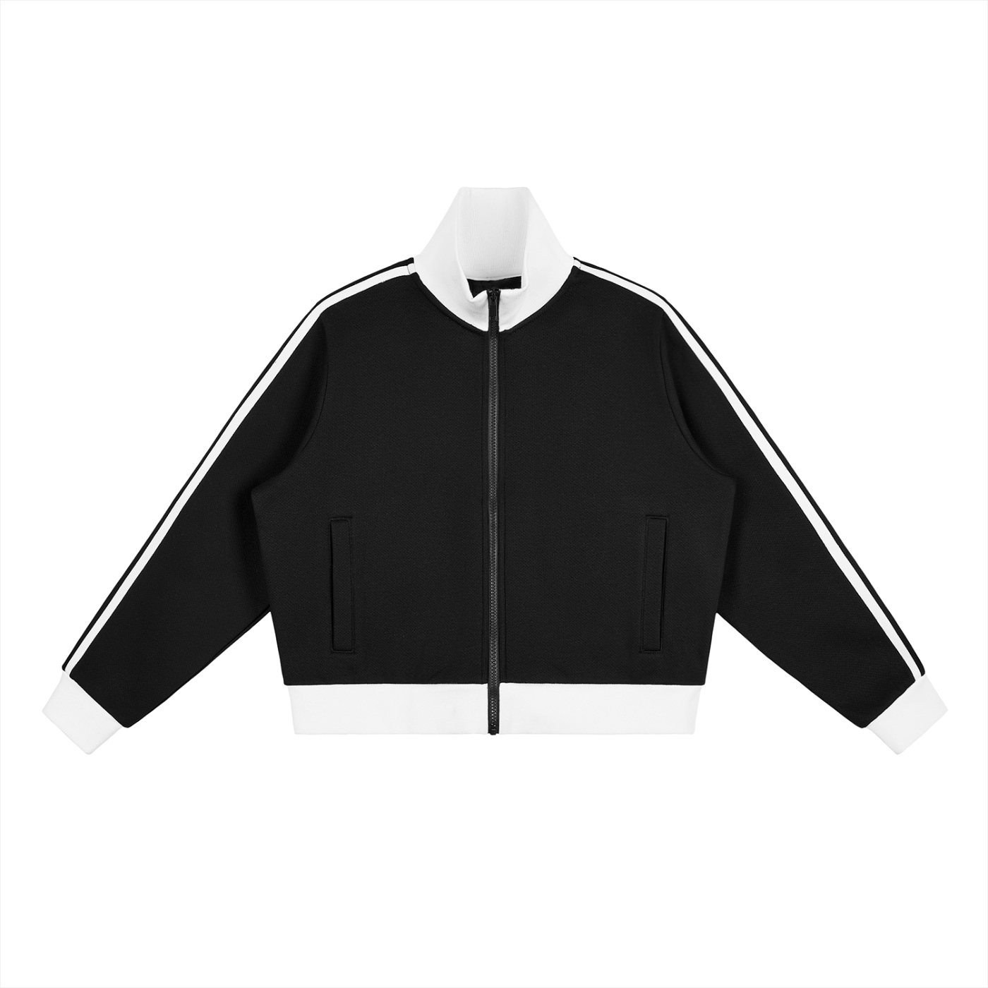 ODMPOD side stripe fleece cropped track jacket, shown front view with white side stripes and cozy fleece fabric