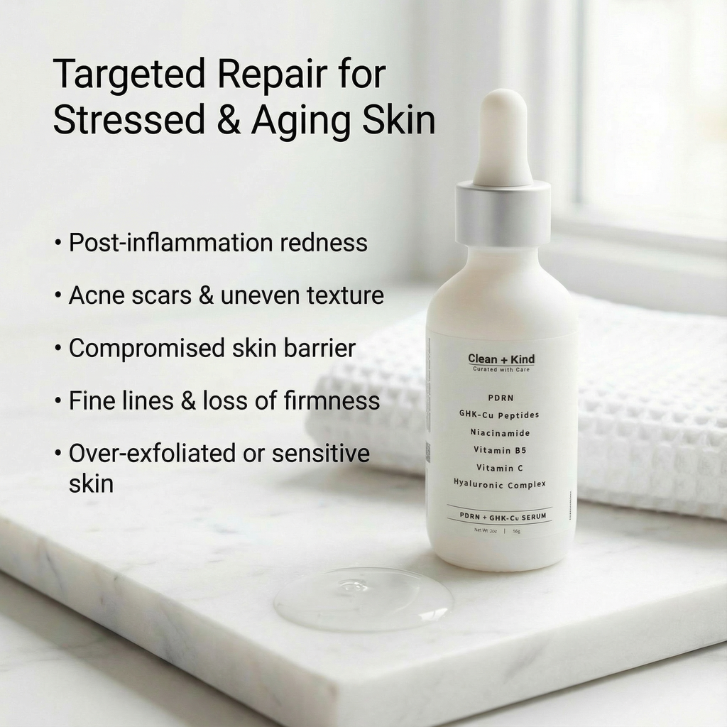 Clean + Kind PDRN and GHK-Cu serum bottle, skincare serum with peptides and regenerative ingredients, on a white background.
