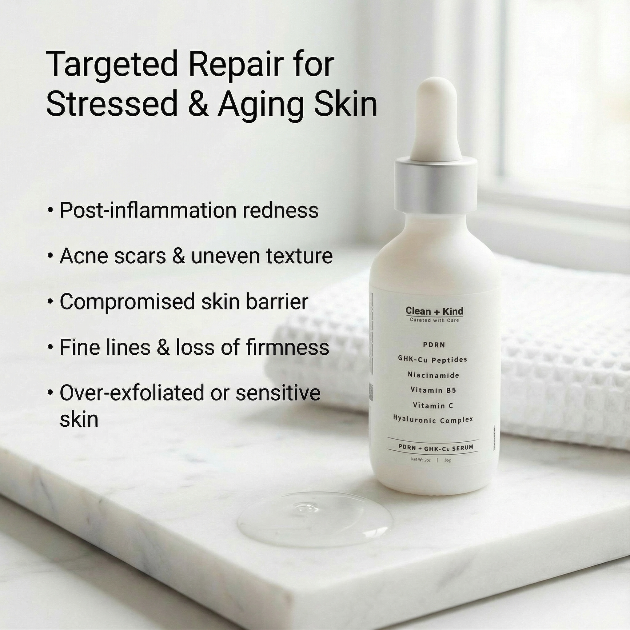 Clean + Kind PDRN and GHK-Cu serum bottle, skincare serum with peptides and regenerative ingredients, on a white background.