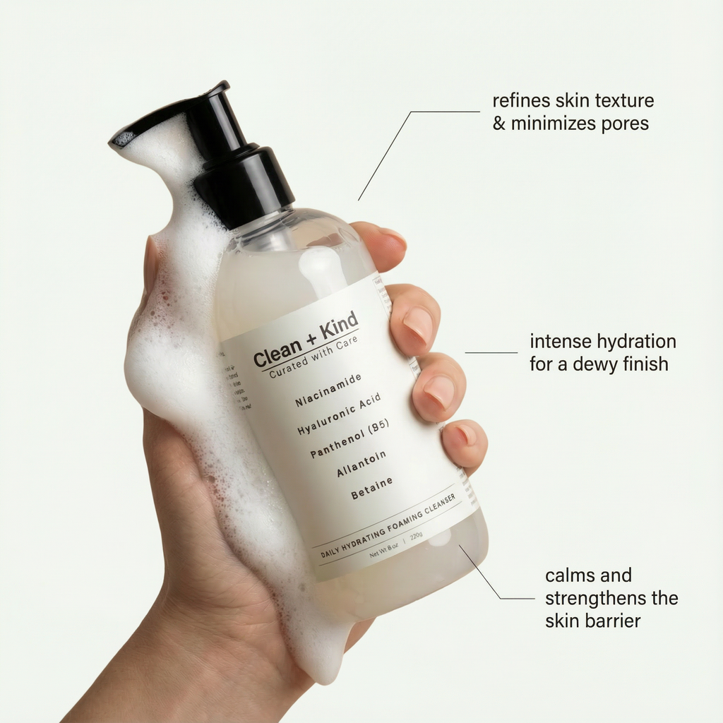 Clean + Kind Daily Facial Cleanser bottle with pump dispenser, showing the label and product packaging.