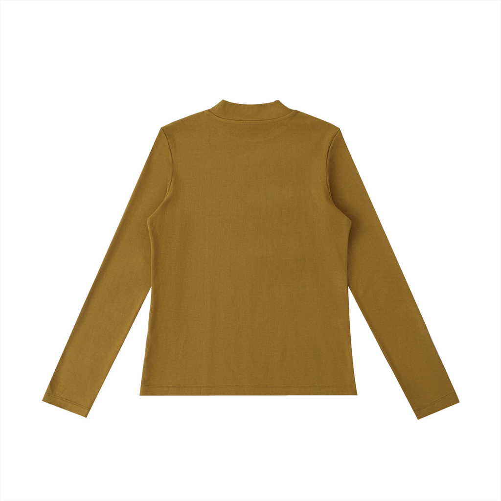 ODMPOD essential mock neck long sleeve T-shirt, close-up showing fitted neckline and soft fabric texture.