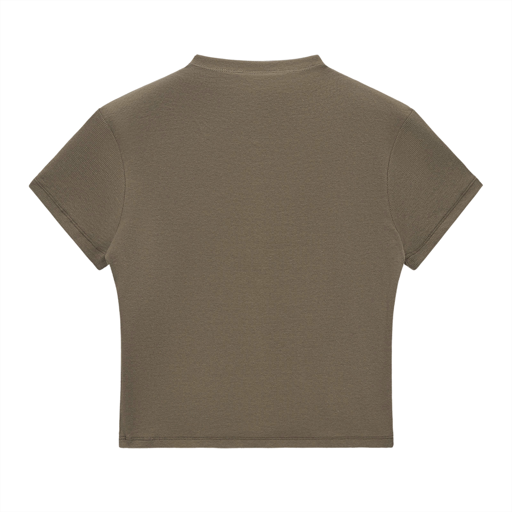 ODMPOD essential slim fit mock neck T-shirt in neutral fabric, close-up of the collar and chest area.
