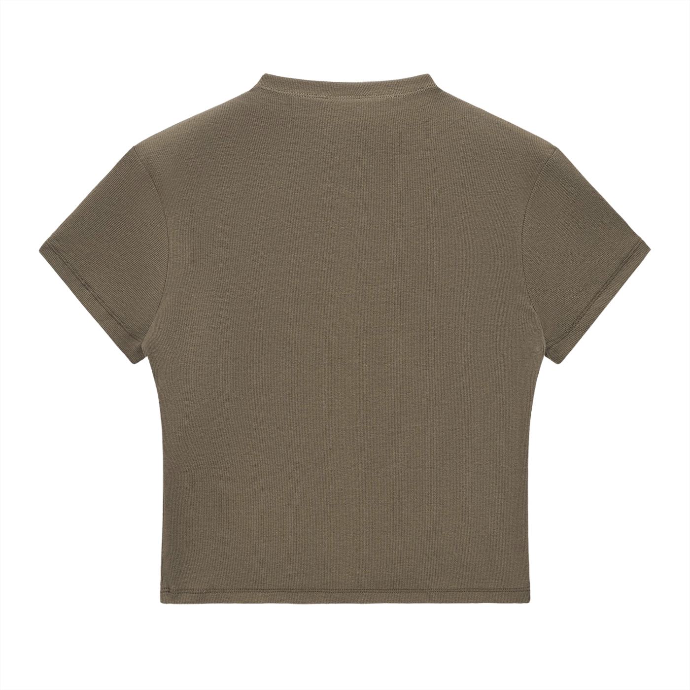 ODMPOD essential slim fit mock neck T-shirt in neutral fabric, close-up of the collar and chest area.