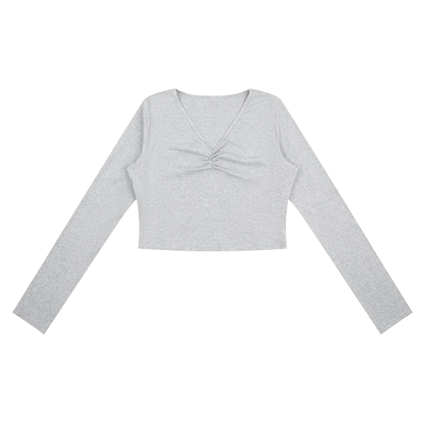 ODMPOD ruched long sleeve crop T-shirt with fitted design and gathered detailing, shown on a plain background.