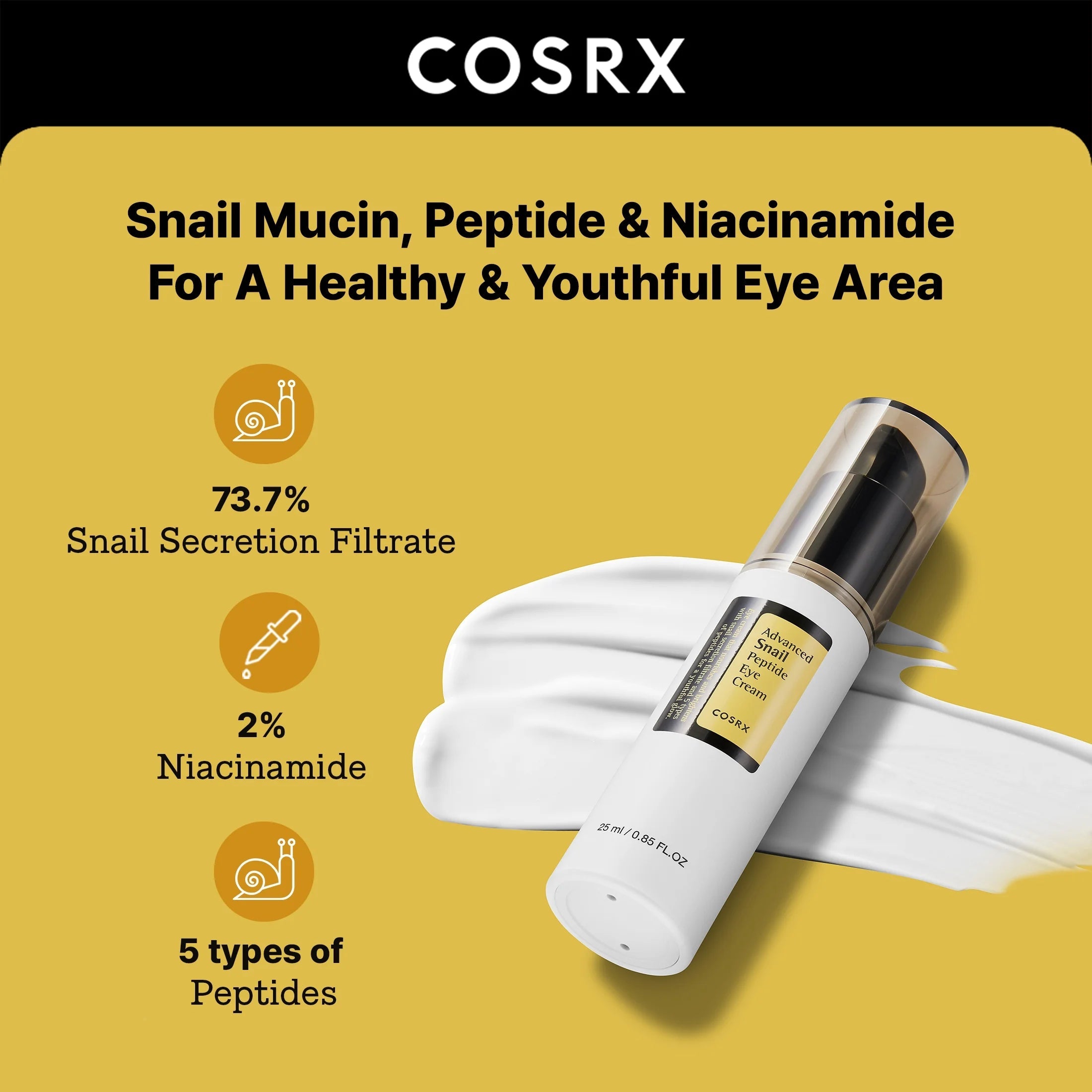Korean Skin Care Advanced Snail Peptide Eye Cream in 0.85 oz jar showing creamy texture and packaging for eye area skincare.