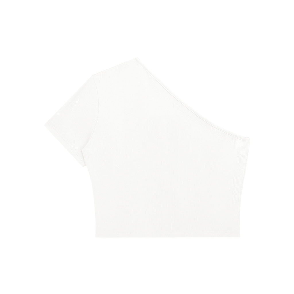 ODMPOD one-shoulder crop T-shirt displayed on a hanger, featuring a stylish asymmetrical design and casual fit.