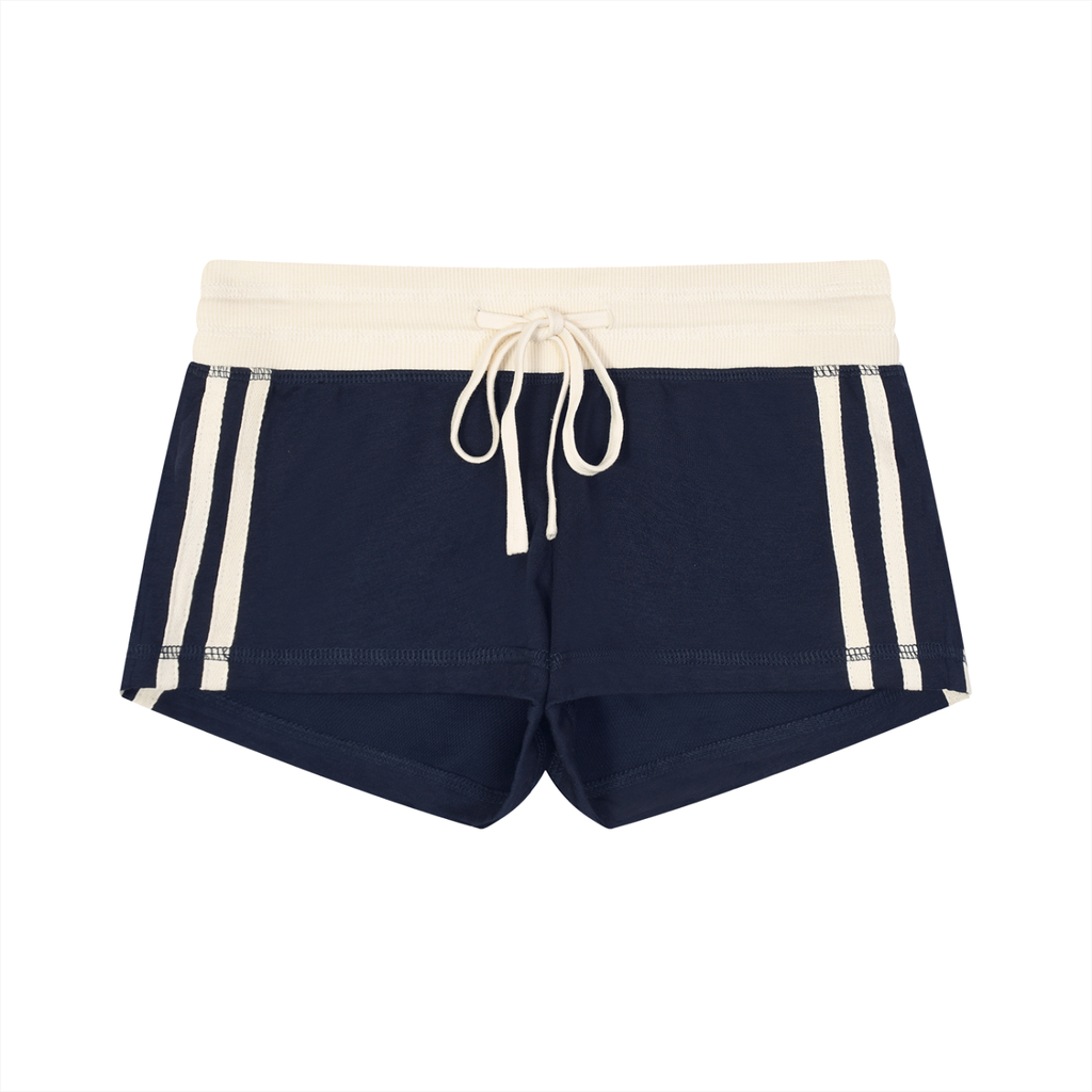 ODMPOD contrast stripe track shorts with sporty design, featuring bold stripe details and comfortable fabric for athletic wear.