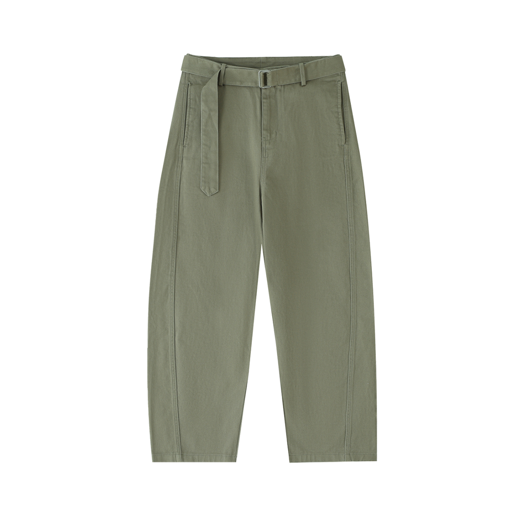 ODMPOD belted barrel-leg chino pants, shown in a natural fabric and fit, featuring a waist belt and relaxed barrel-leg design.