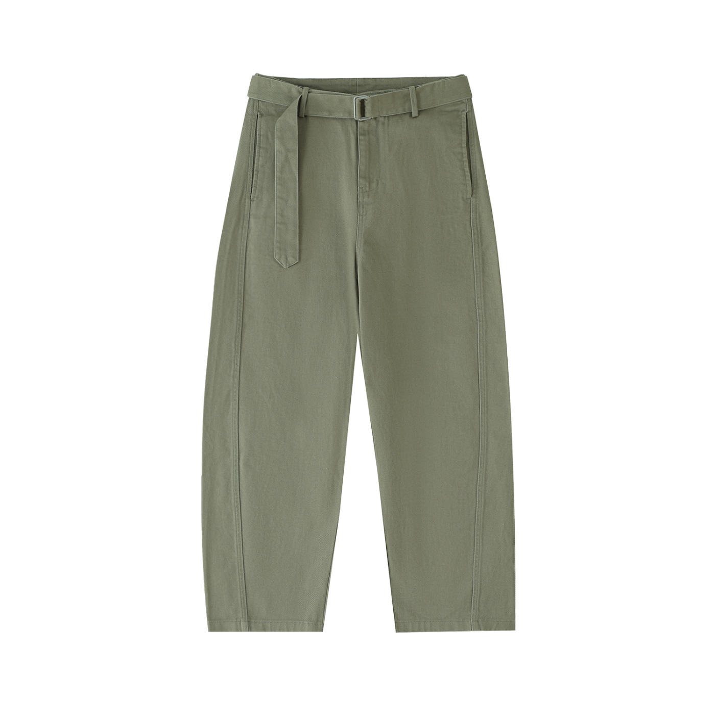 ODMPOD belted barrel-leg chino pants, shown in a natural fabric and fit, featuring a waist belt and relaxed barrel-leg design.