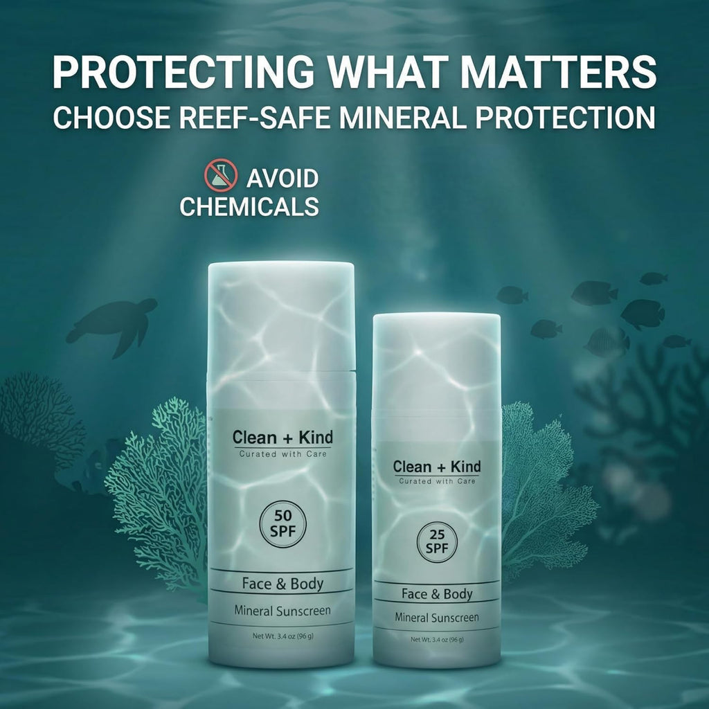 Clean + Kind Tallow Mineral Sunscreen SPF 50 bottle with pump dispenser, in white packaging with blue and green accents.