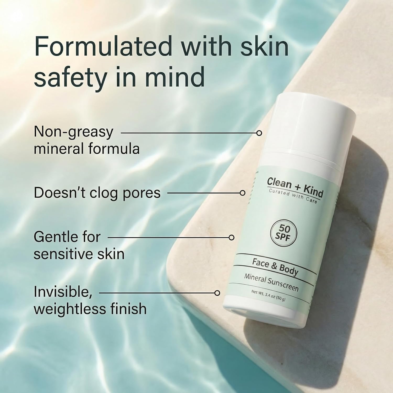Clean + Kind Tallow Mineral Sunscreen SPF 50 bottle with pump dispenser, featuring a white and green label on a wooden surface.