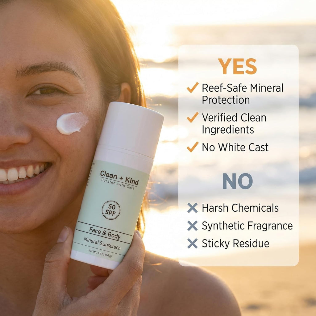 Clean + Kind Tallow Mineral Sunscreen SPF 50 tube, showing the label and packaging for broad-spectrum sun protection.