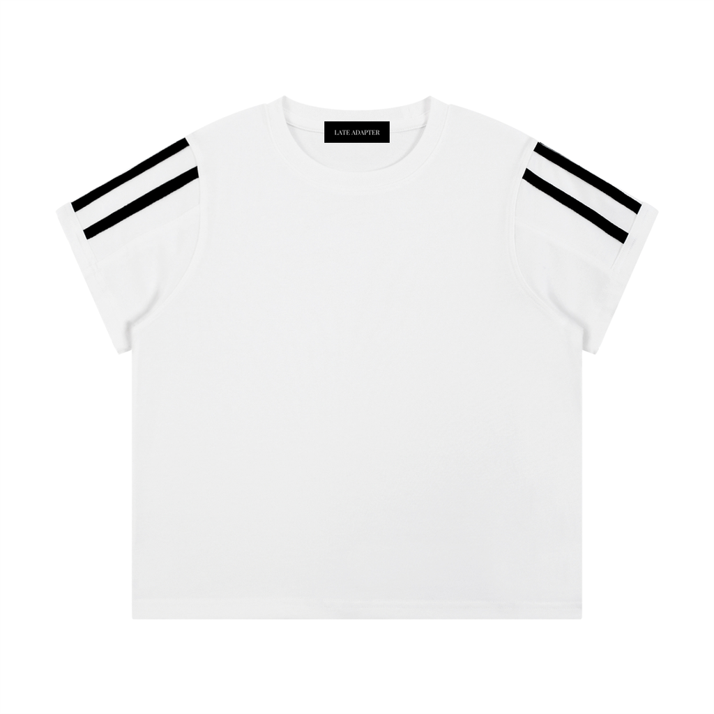 ODMPOD varsity stripe T-shirt featuring bold color-blocked stripes and a classic fit, perfect for casual wear.