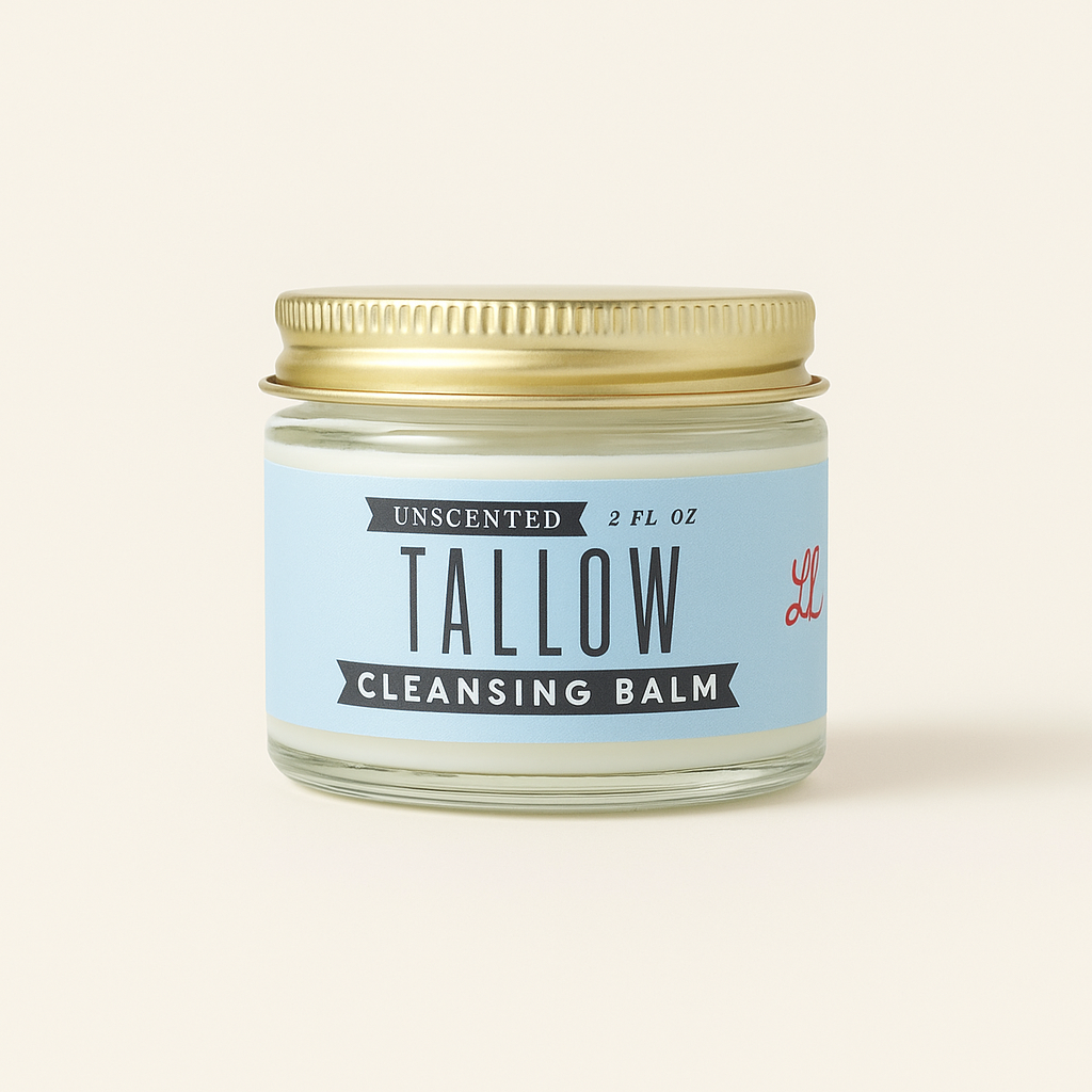 Unscented Tallow Cleansing Balm by The Lady May, natural makeup remover in a jar with a smooth, creamy body lotion texture.