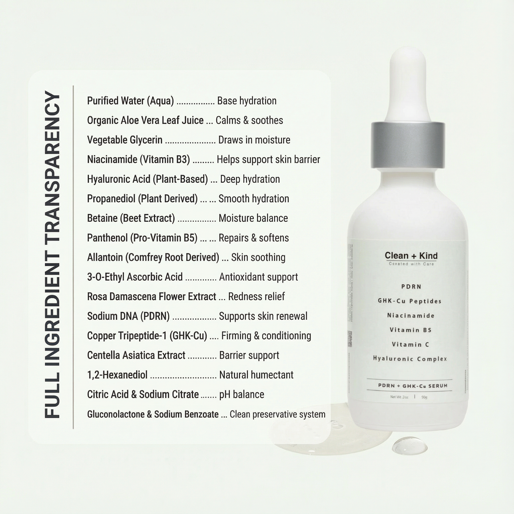 Clean + Kind PDRN and GHK-Cu serum in a clear glass bottle with a dropper, designed for skincare and skin repair.