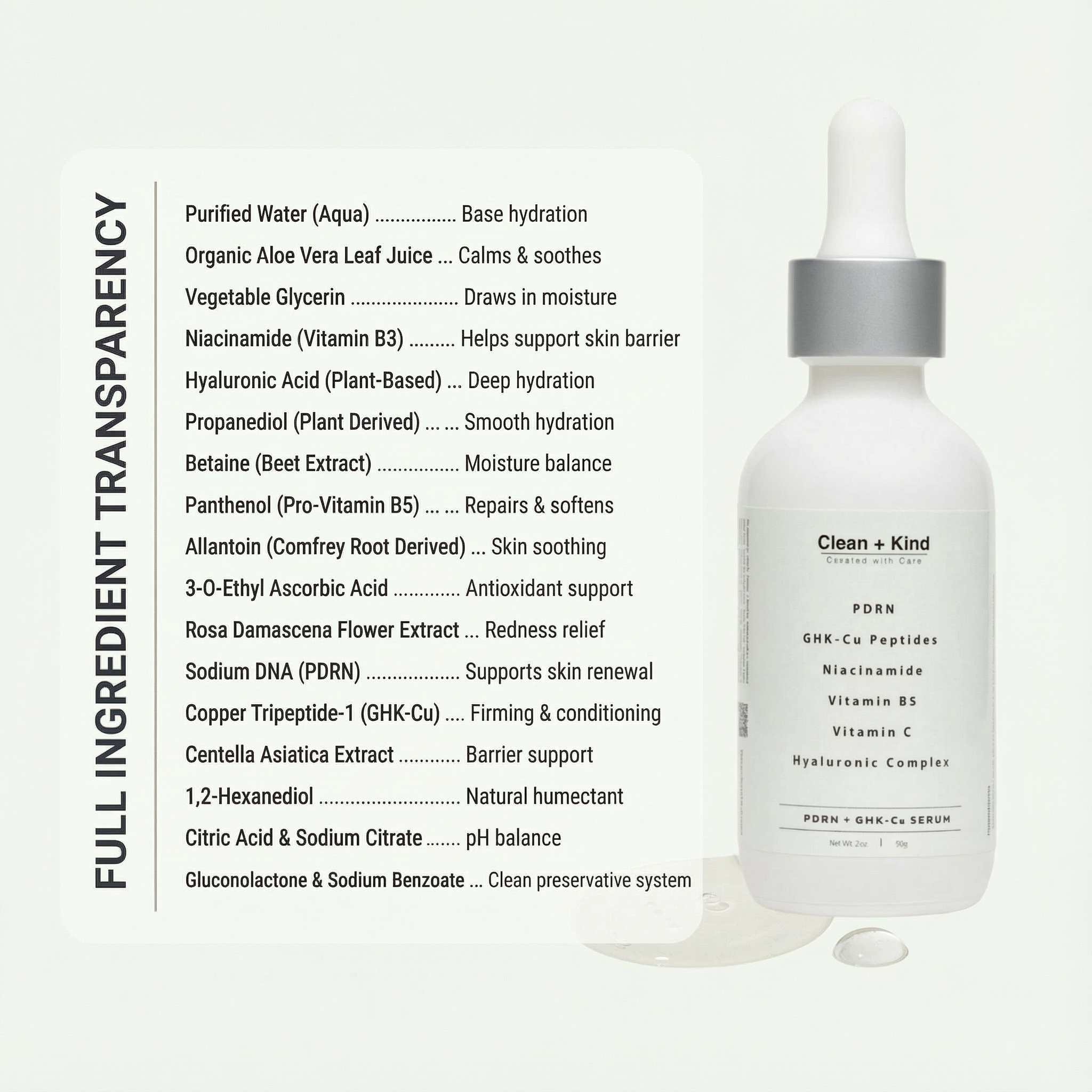 Clean + Kind PDRN and GHK-Cu serum in a clear glass bottle with a dropper, designed for skincare and skin repair.