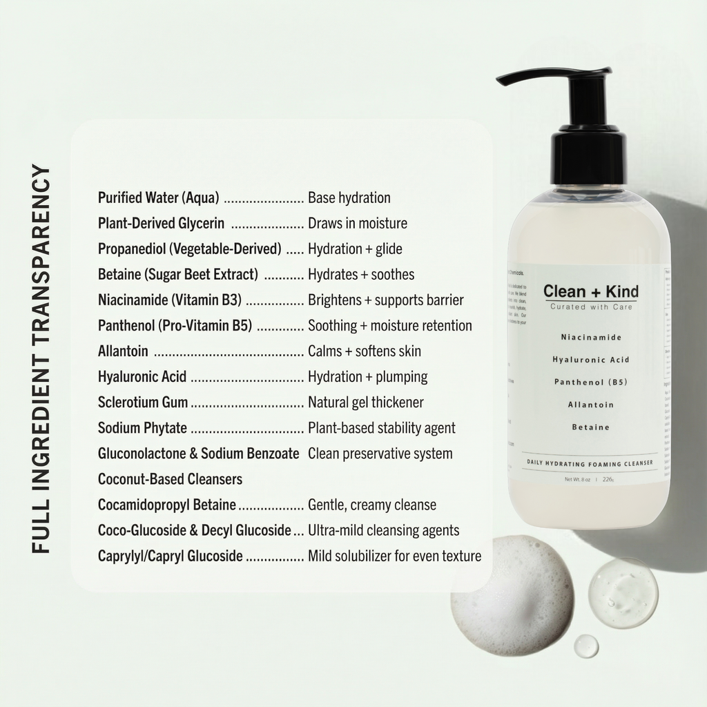 Clean + Kind Daily Facial Cleanser bottle with pump, showing the label and clear liquid inside, suitable for daily skincare.
