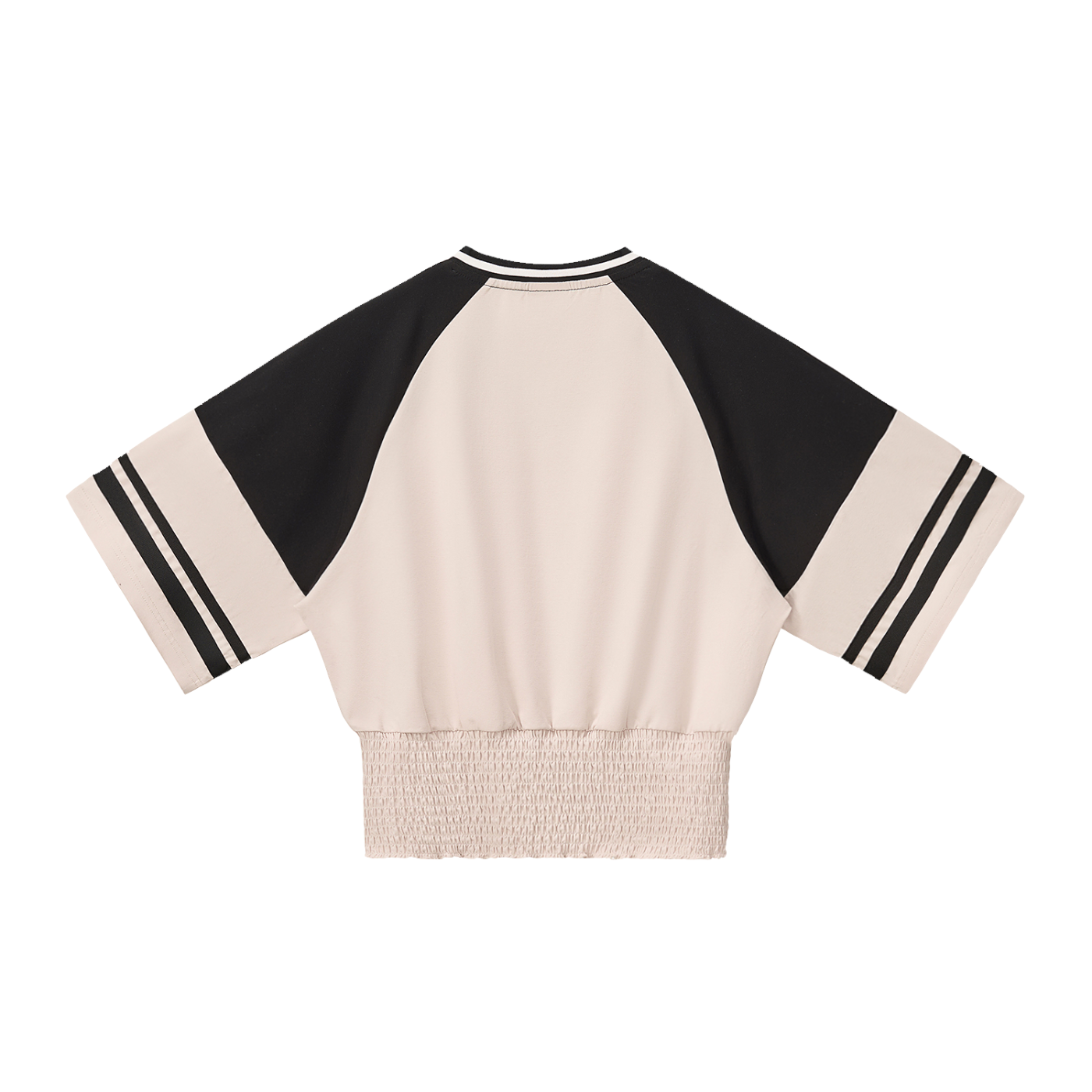 Color block ruched ODMPOD T-shirt with vibrant panels and gathered detail, displayed flat on a white background.