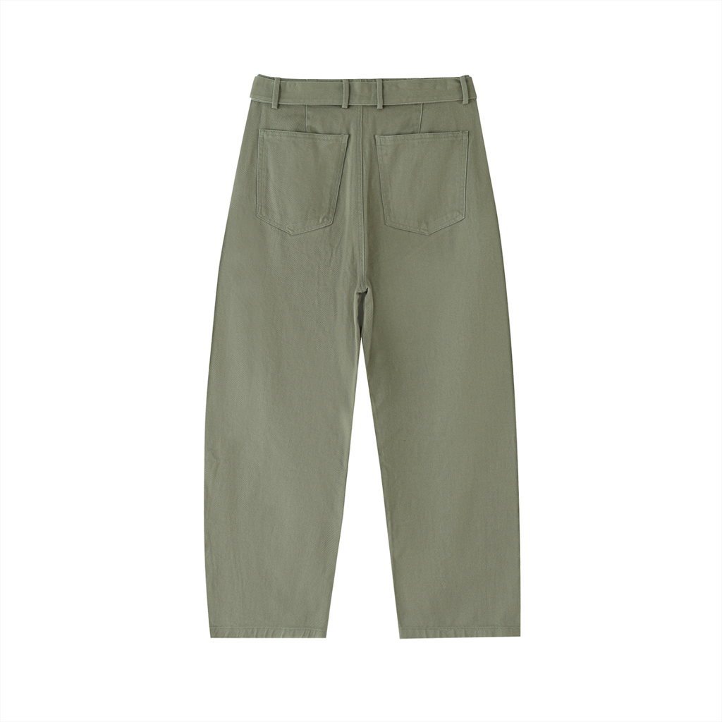 ODMPOD belted barrel-leg chino pants displayed on a white background, showcasing the relaxed fit and stylish design.