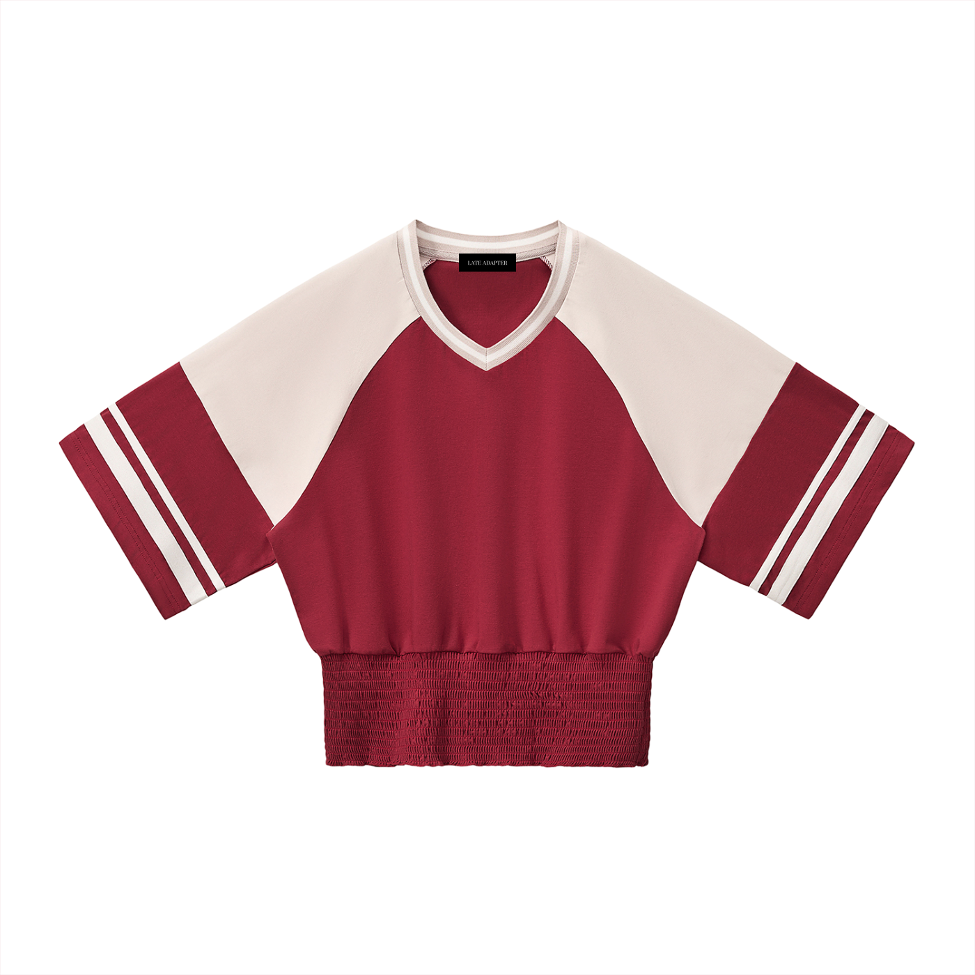Color block ruched T-shirt by ODMPOD featuring mixed vibrant colors and a fitted, ruched design on soft fabric.