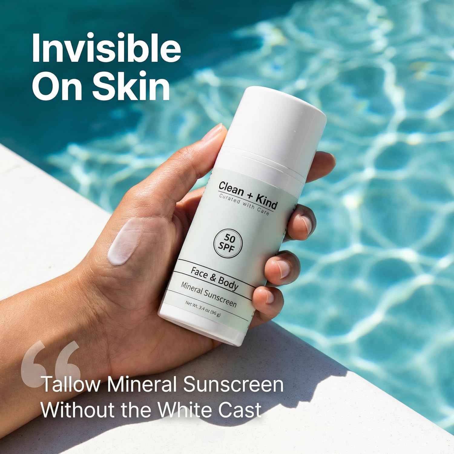 Clean + Kind Tallow Mineral Sunscreen SPF 50 tube with a white cap and label, designed for sun protection and skincare.