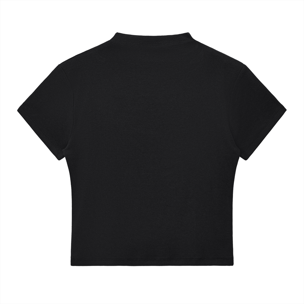 ODMPOD essential slim fit mock neck T-shirt in a neutral color, close-up view showcasing the fitted style and soft fabric.