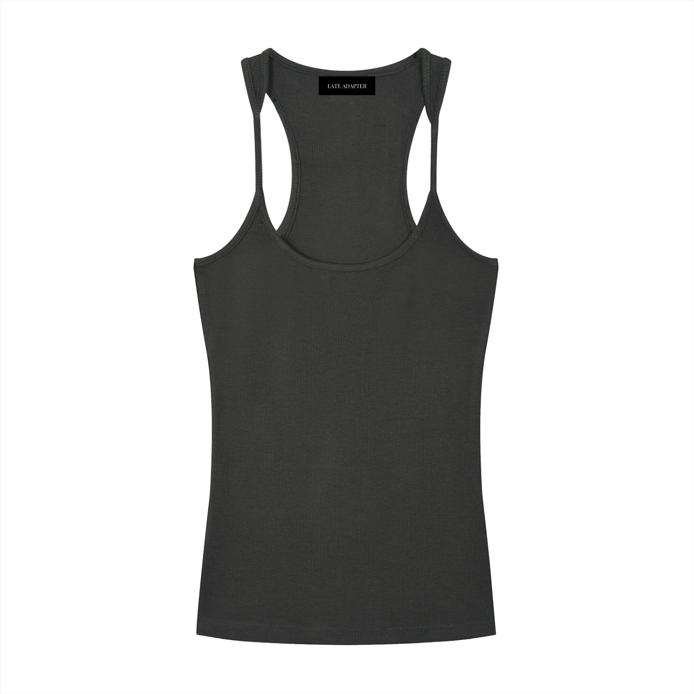 Slim fit ribbed racerback tank top by ODMPOD, showing a close-up of the fitted, textured fabric and racerback design.