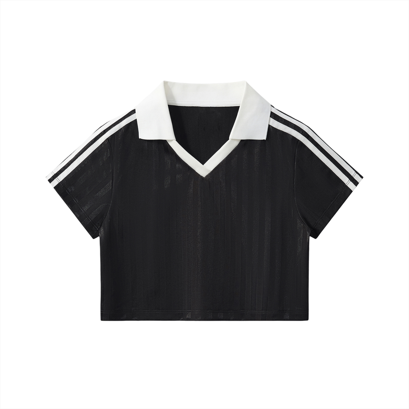 Striped cropped jersey with contrast collar by ODMPOD, featuring a fitted design and bold horizontal stripe pattern.