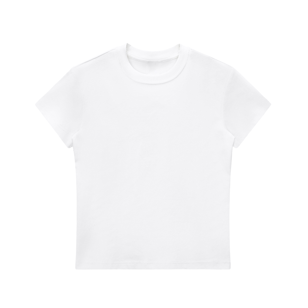 Odmpod Essential Bodycon Crewneck T-Shirt, close-up of fitted white cotton T-shirt with crew neckline.