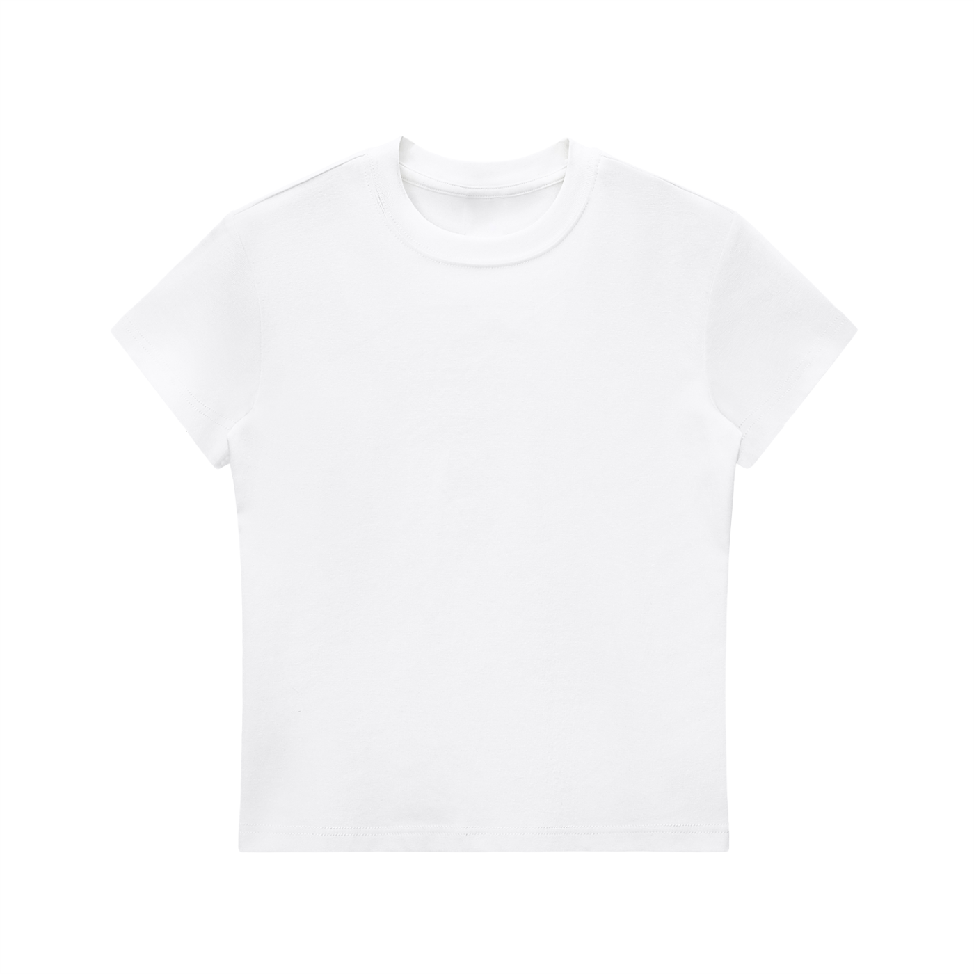 Odmpod Essential Bodycon Crewneck T-Shirt, close-up of fitted white cotton T-shirt with crew neckline.