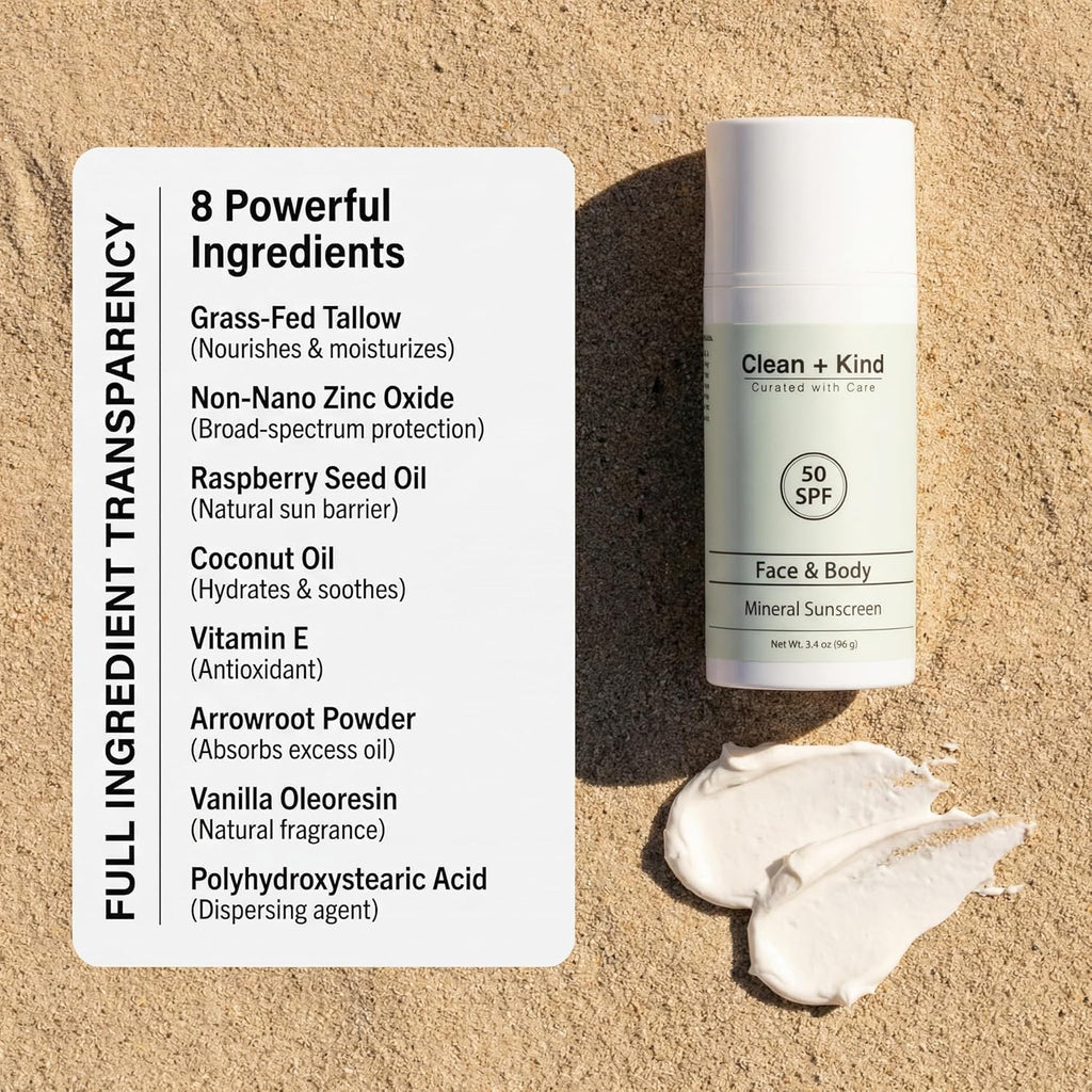 Clean + Kind Tallow Mineral Sunscreen SPF 50 tube with sun protection label and applicator cap on a white background.