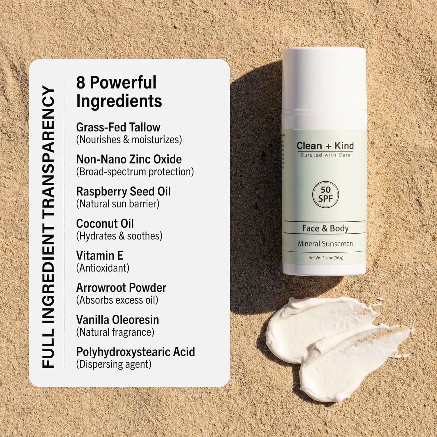 Clean + Kind Tallow Mineral Sunscreen SPF 50 tube with sun protection label and applicator cap on a white background.