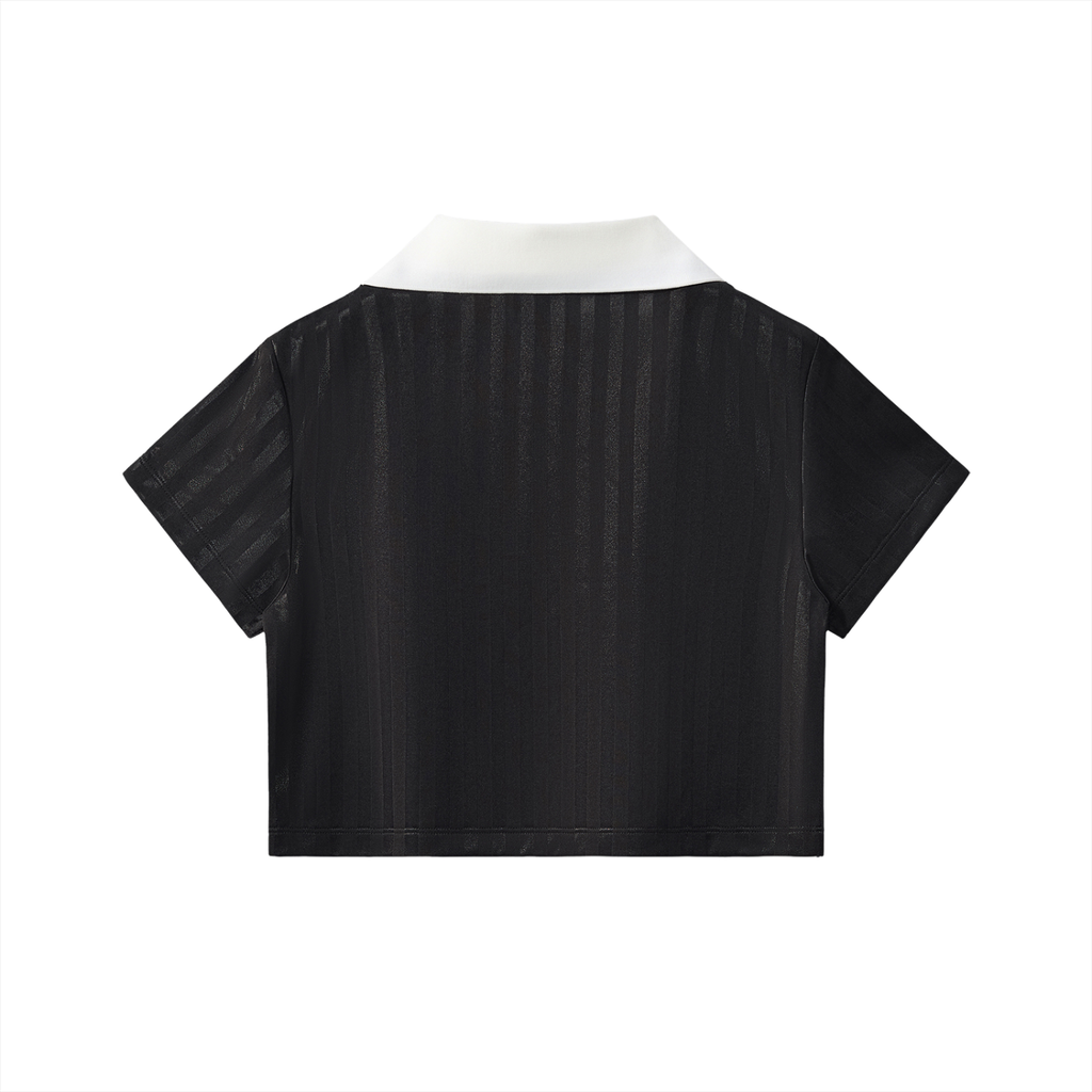ODMPOD contrast collar striped cropped jersey top featuring bold horizontal stripes and a fitted style.