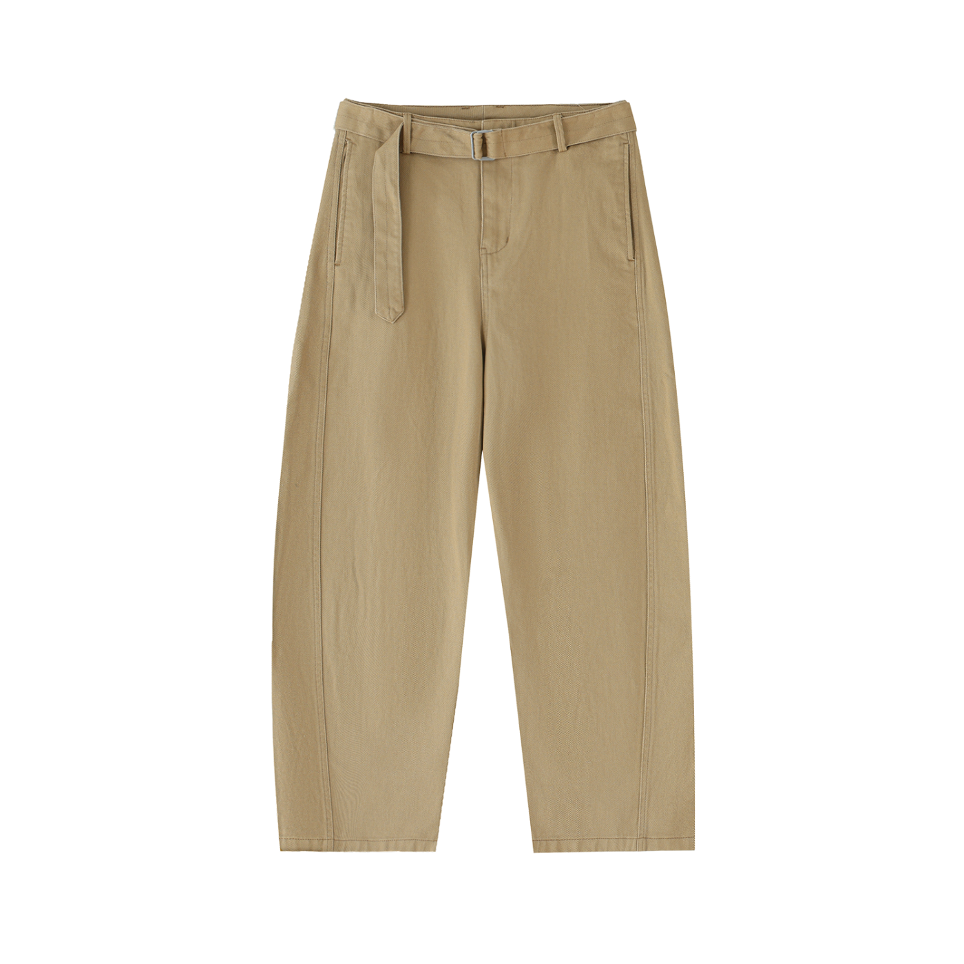 ODMPOD belted barrel-leg chino pants, khaki color, featuring a relaxed fit and classic waist belt, displayed on a neutral background.