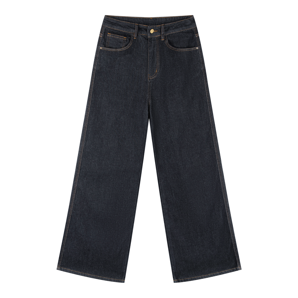 ODMPOD straight-leg denim jeans shown hanging, featuring classic blue wash and durable cotton fabric with visible stitching.