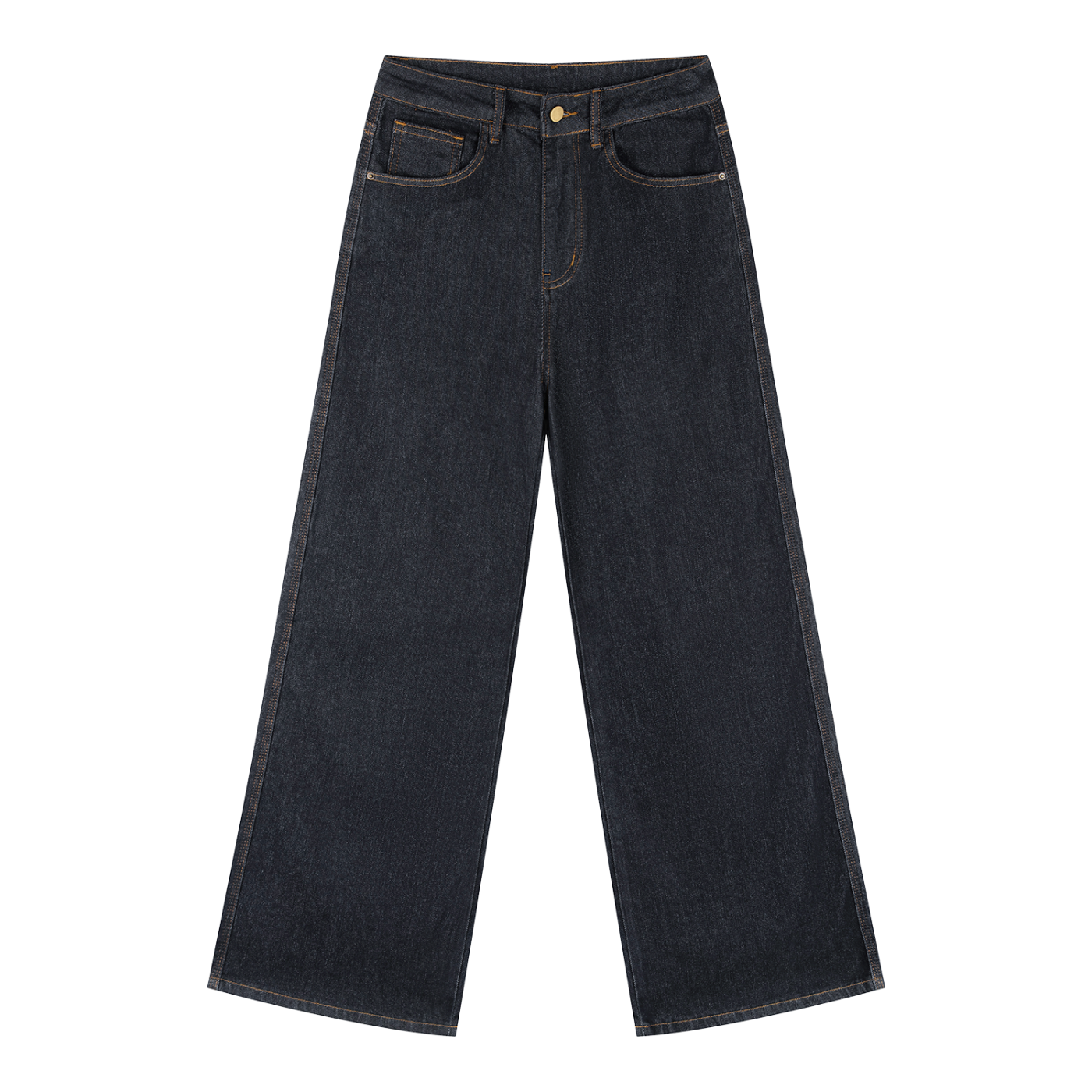 ODMPOD straight-leg denim jeans shown hanging, featuring classic blue wash and durable cotton fabric with visible stitching.