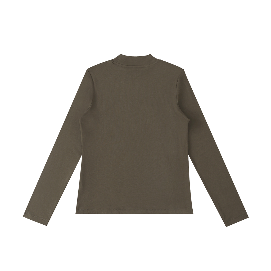 ODMPOD Essential mock neck long sleeve T-shirt, soft fabric with fitted design, in a neutral color, shown on a model.