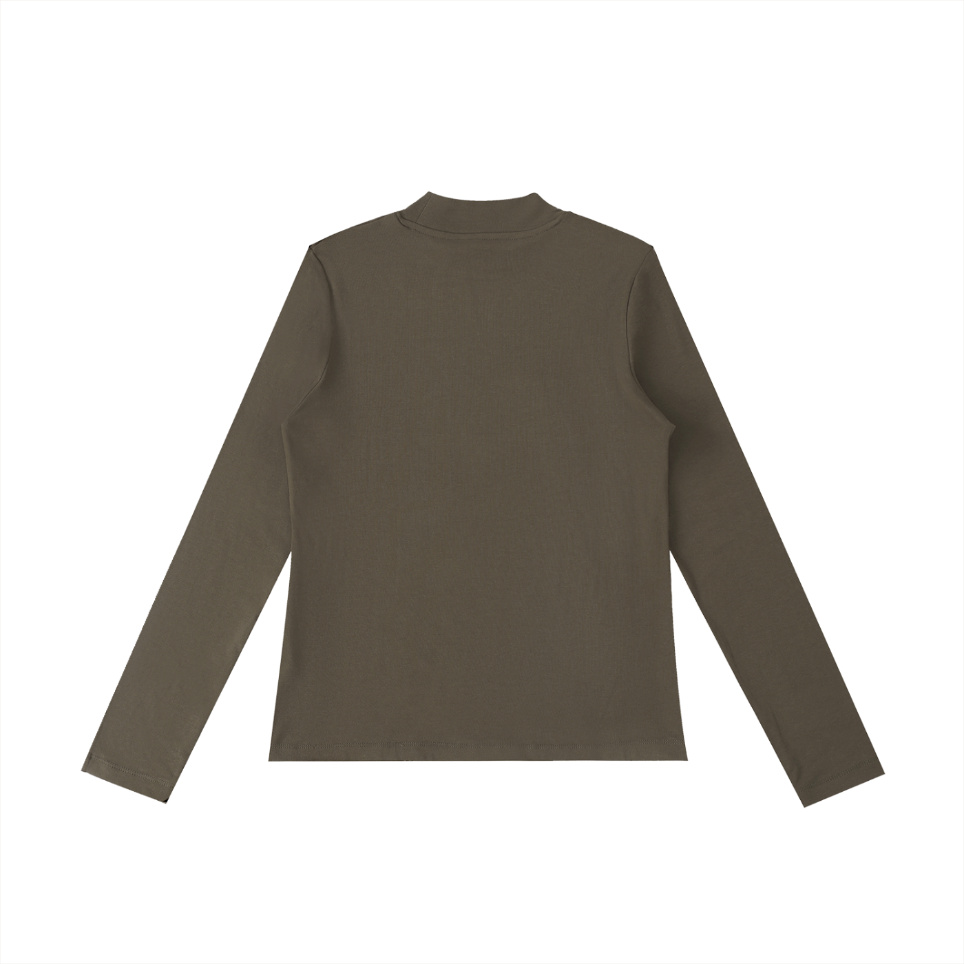 ODMPOD Essential mock neck long sleeve T-shirt, soft fabric with fitted design, in a neutral color, shown on a model.