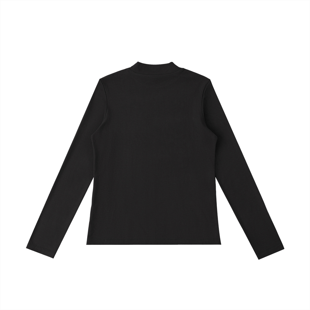 ODMPOD essential mock neck long sleeve T-shirt in a neutral color, featuring a fitted design and smooth fabric.