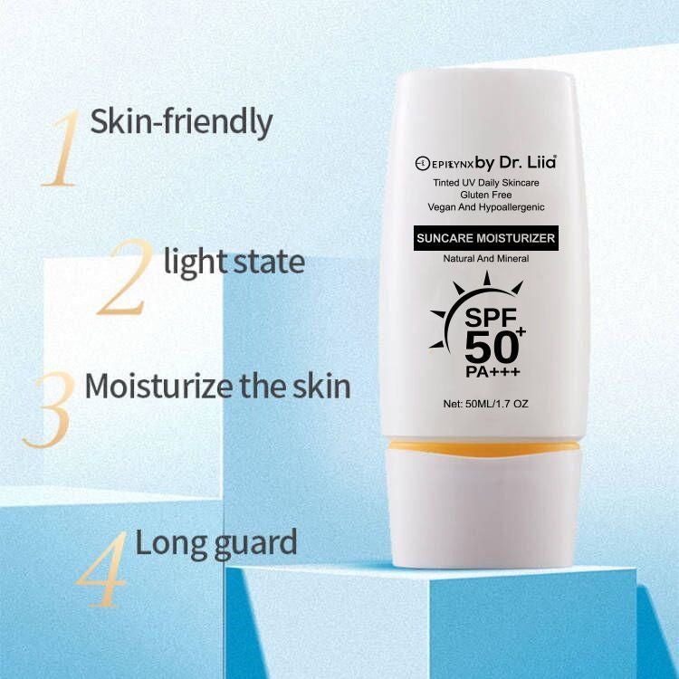 EpiLynx SPF 50 mineral moisturizer with hydrating, vegan formula suitable for sensitive skin, in a white tube with blue cap