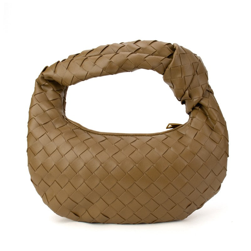 Brown woven knotted handbag from Babs+Birdie’s The Charlize collection, featuring intricate handwoven details and stylish design.