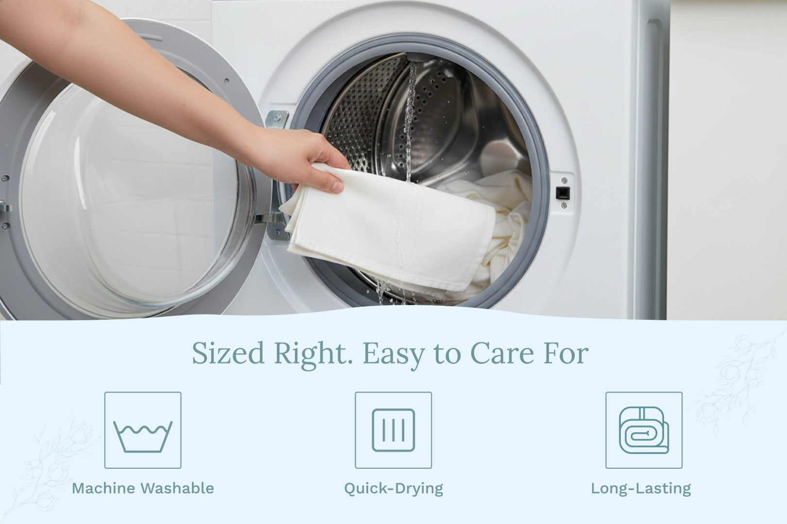 Care instructions card for Organic Cotton Mart flour sack kitchen towels, highlighting gentle washing and drying tips.