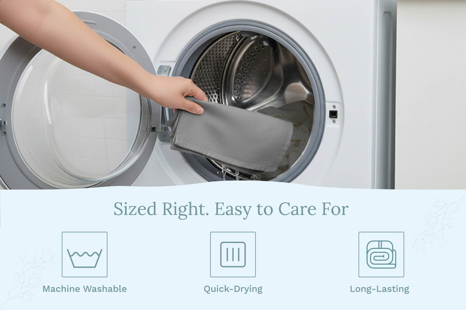 Care instructions card for Organic Cotton Mart flour sack kitchen towels, showing washing and drying guidelines.