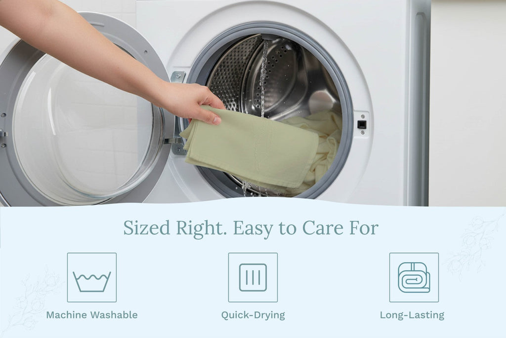 Care instructions card for Organic Cotton Mart flour sack kitchen towels, showing washing and care guidelines.