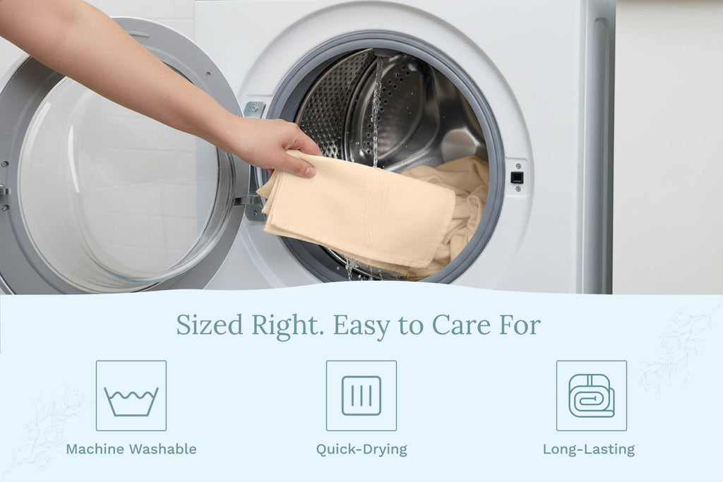 Care instructions card for Organic Cotton Mart flour sack kitchen towels, featuring washing and drying guidelines.