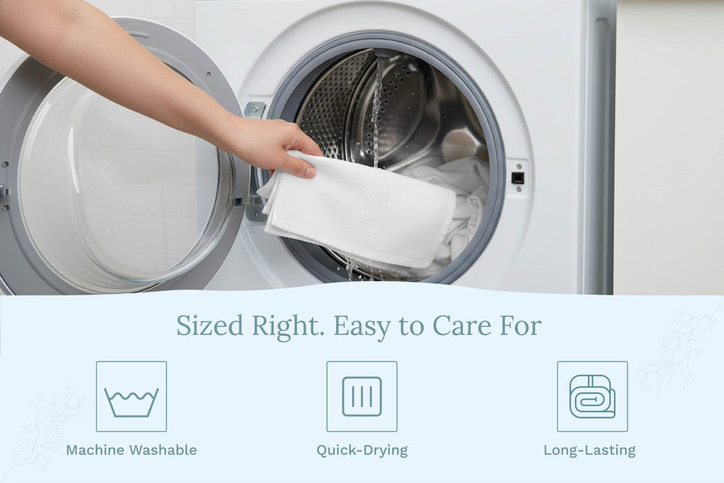 Care instructions card for Organic Cotton Mart flour sack kitchen towels, showing washing and drying guidelines.