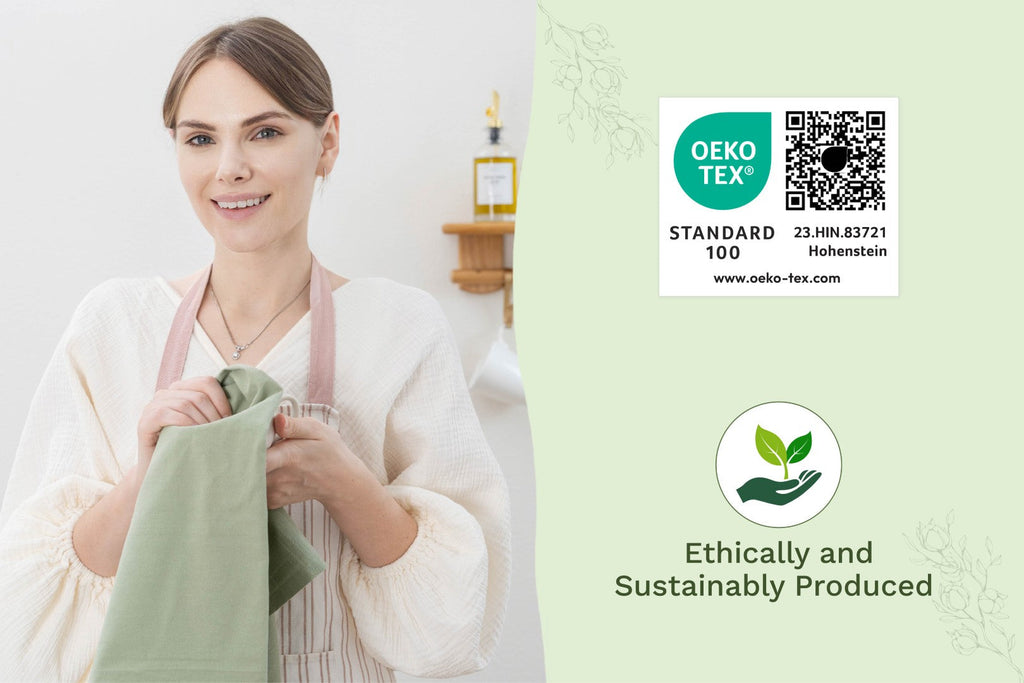 Organic Cotton Mart flour sack kitchen towels with certification badges, showcasing soft, durable, and eco-friendly kitchen linens.
