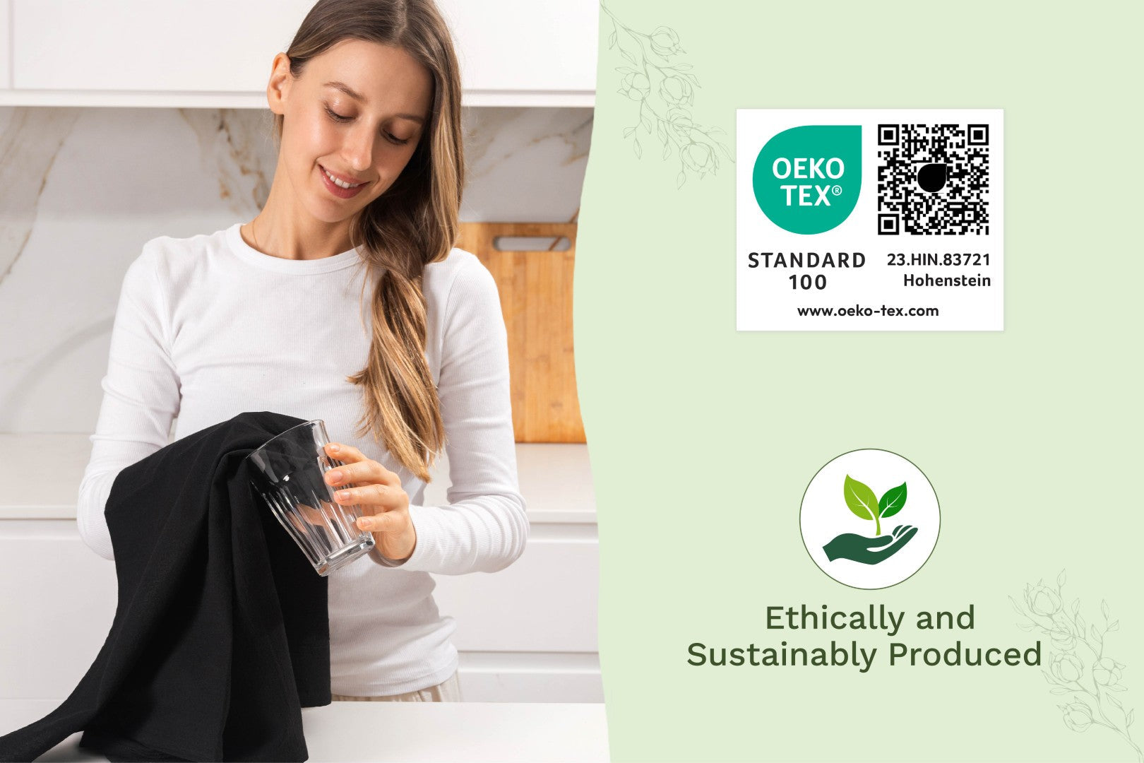 Organic Cotton Mart flour sack kitchen towels with certification labels, showcasing soft, durable, and eco-friendly dish towels.