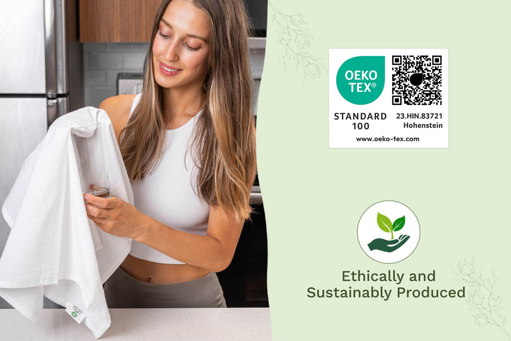 Organic Cotton Mart flour sack kitchen towels with eco-friendly certifications shown on the label, made from soft, durable cotton.